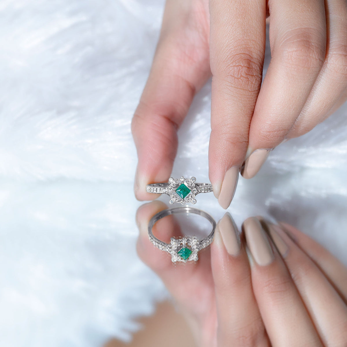Antique Looking Emerald and Diamond Engagement Ring for Women