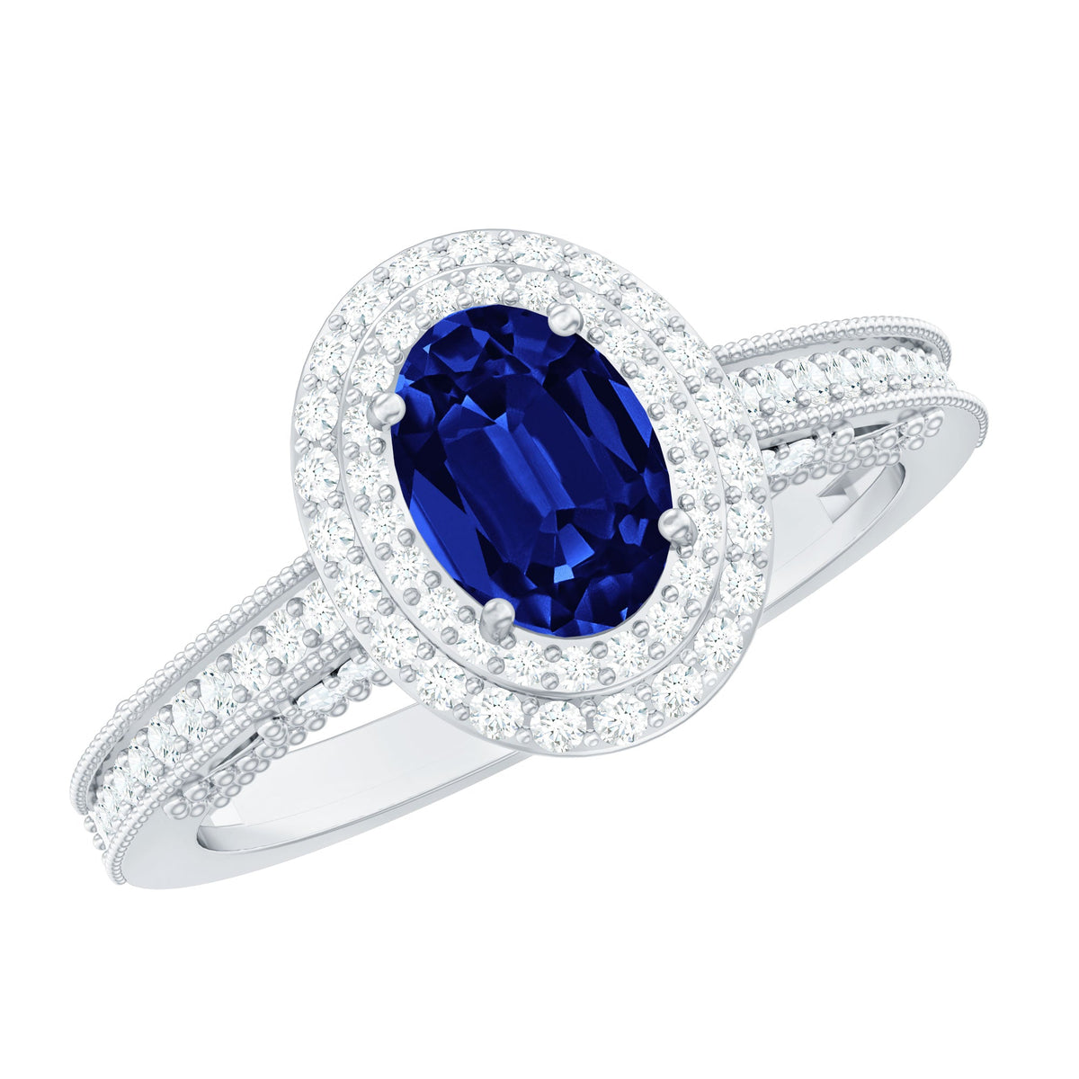 1 Carat Oval Lab Grown Blue Sapphire Diamond Vintage Engagement Ring with Double Halo
