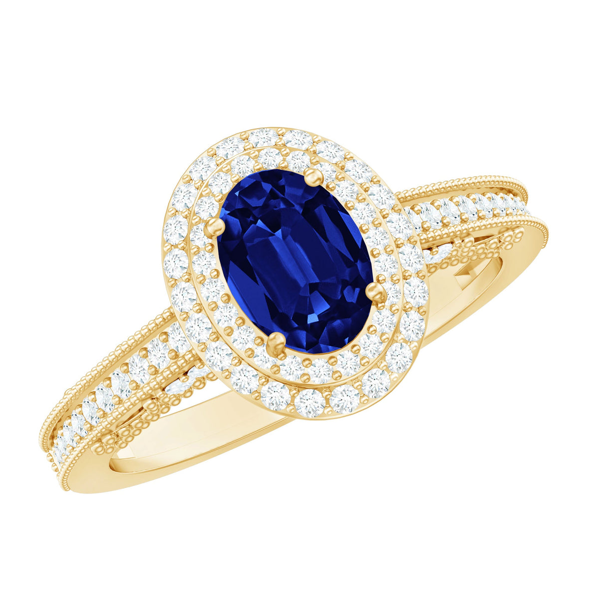 1 Carat Oval Lab Grown Blue Sapphire Diamond Vintage Engagement Ring with Double Halo