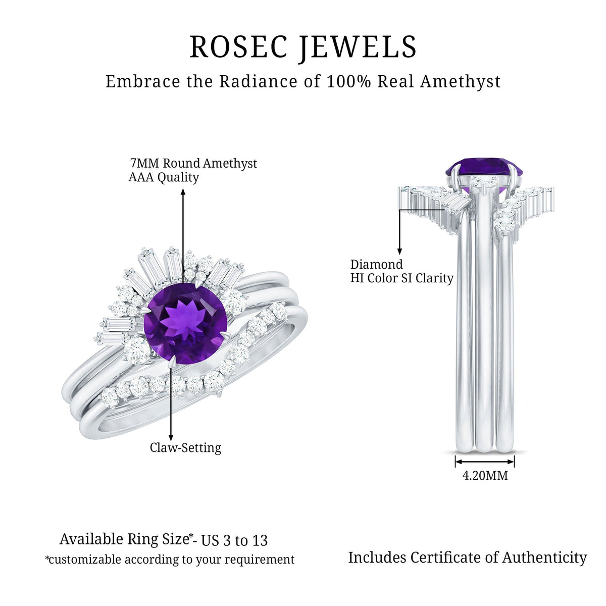 Natural 1.2 Carat Amethyst Diamond 3 Piece Bridal Ring Set