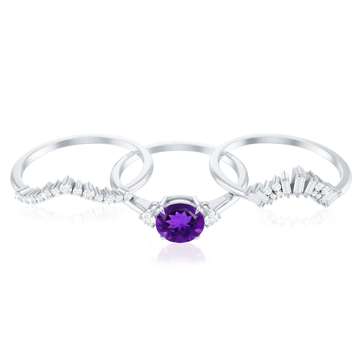 Natural 1.2 Carat Amethyst Diamond 3 Piece Bridal Ring Set