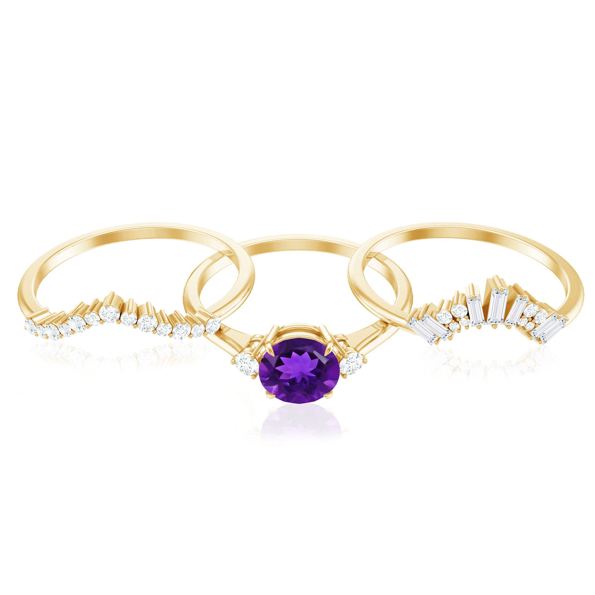 Natural 1.2 Carat Amethyst Diamond 3 Piece Bridal Ring Set