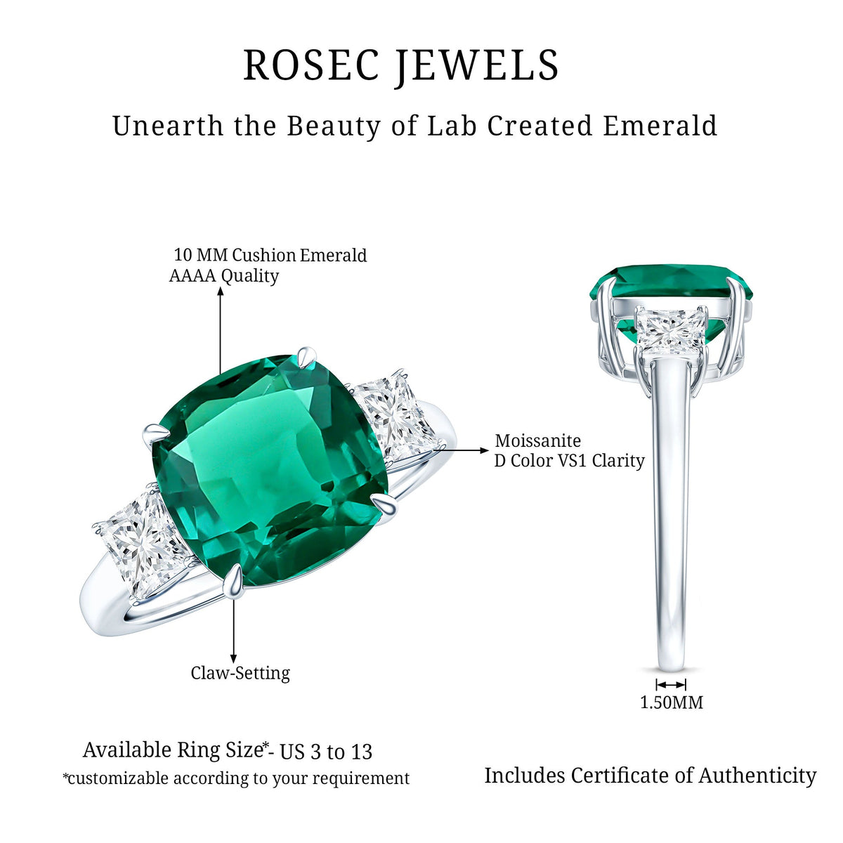 Lab Grown Emerald Cushion Engagement Ring with Moissanite