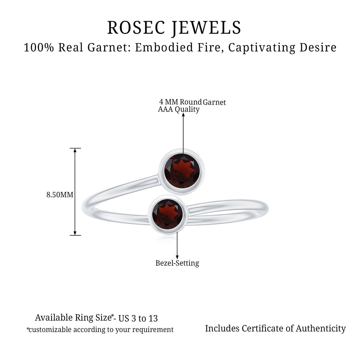 Natural Garnet 2 Stone Promise Ring with Bypass Shank