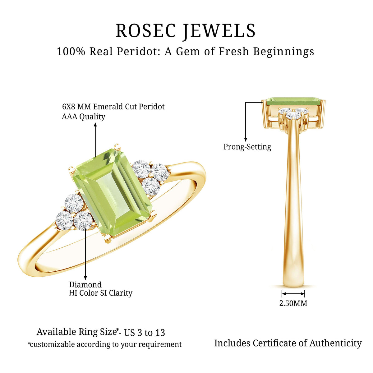 Emerald Cut Peridot Engagement Ring with Diamond Trio