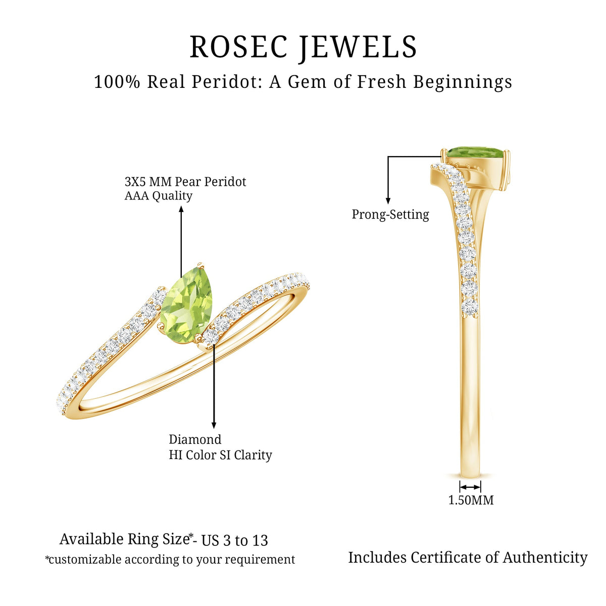 Natural Pear Shape Peridot Promise Ring with Bypass Diamond