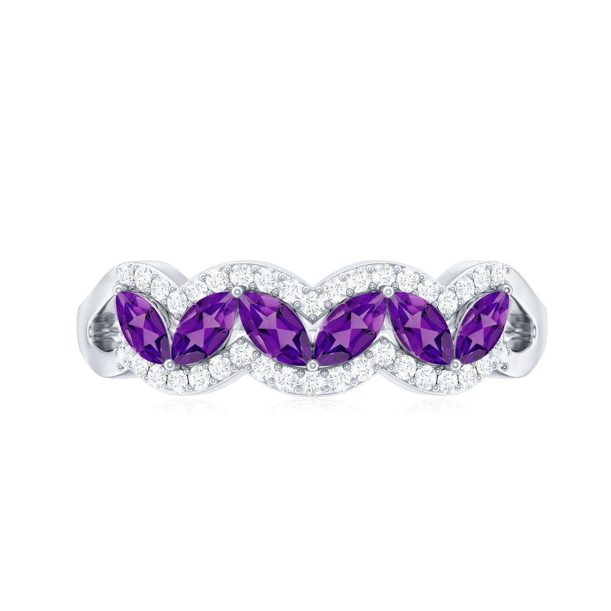 Real Marquise Amethyst Half Eternity Band Ring with Diamond