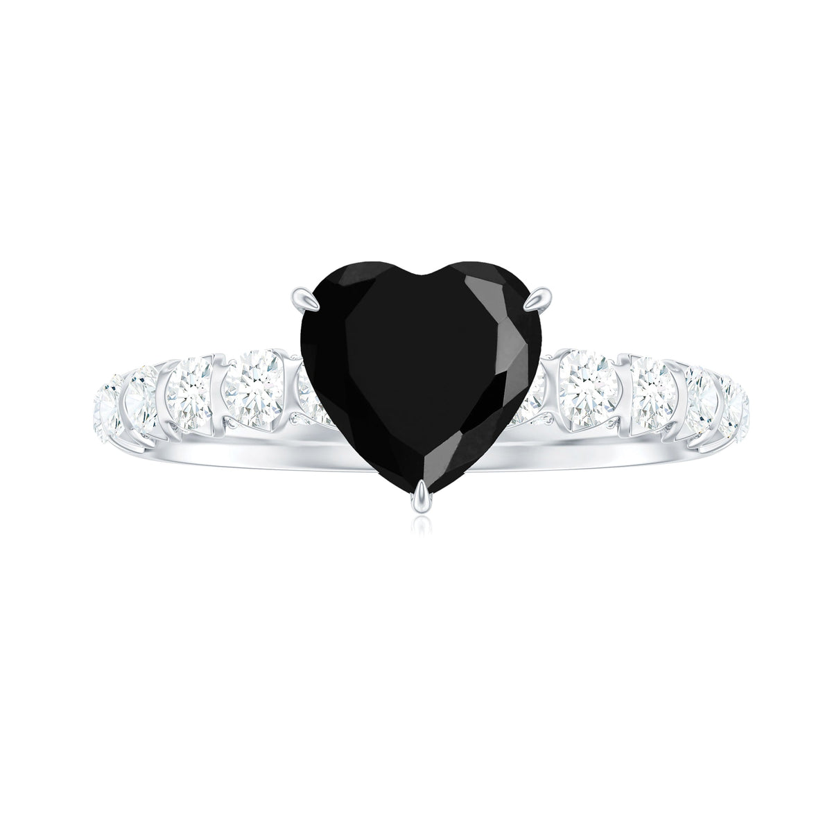 Natural 2 Carat Black Spinel Heart Engagement Ring with Diamond Side Stones