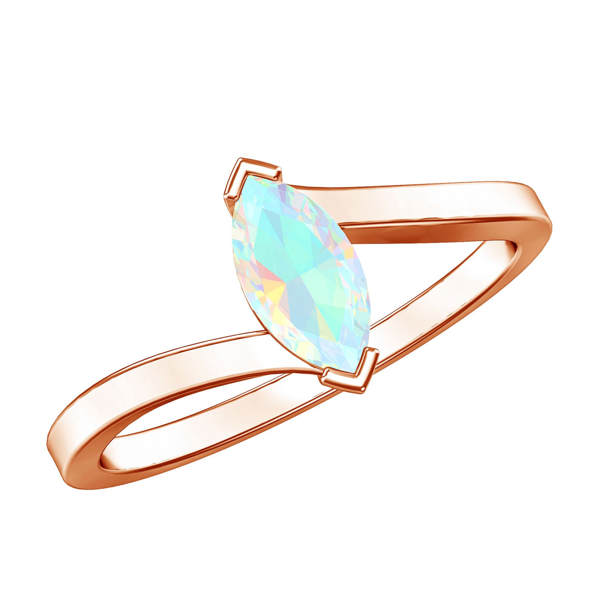Natural Marquise Ethiopian Rainbow Opal Promise Ring with Bypass Shank