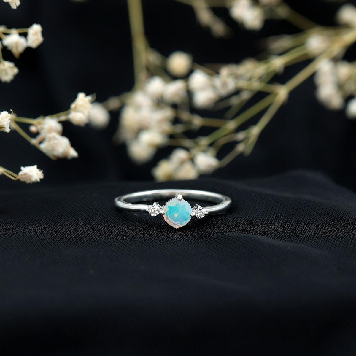 Natural Ethiopian Rainbow Opal Promise Ring with Diamond
