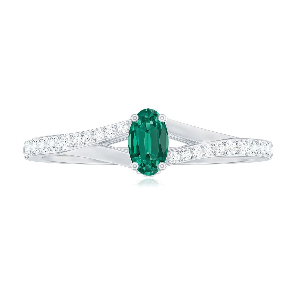 Oval Lab Grown Emerald Promise Ring with Diamond Split Shank