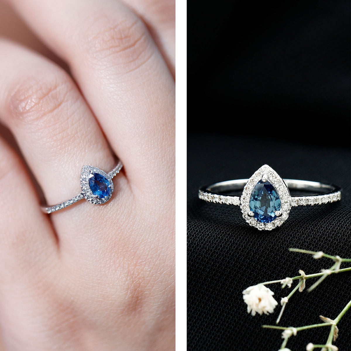 Natural Half Carat Blue Sapphire Teardrop Engagement Ring with Diamond Halo
