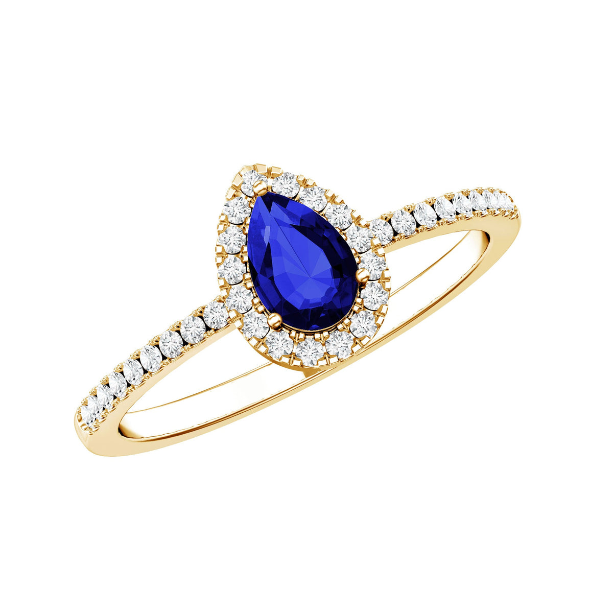 Certified Half Carat Lab Grown Blue Sapphire Teardrop Engagement Ring with Diamond Halo