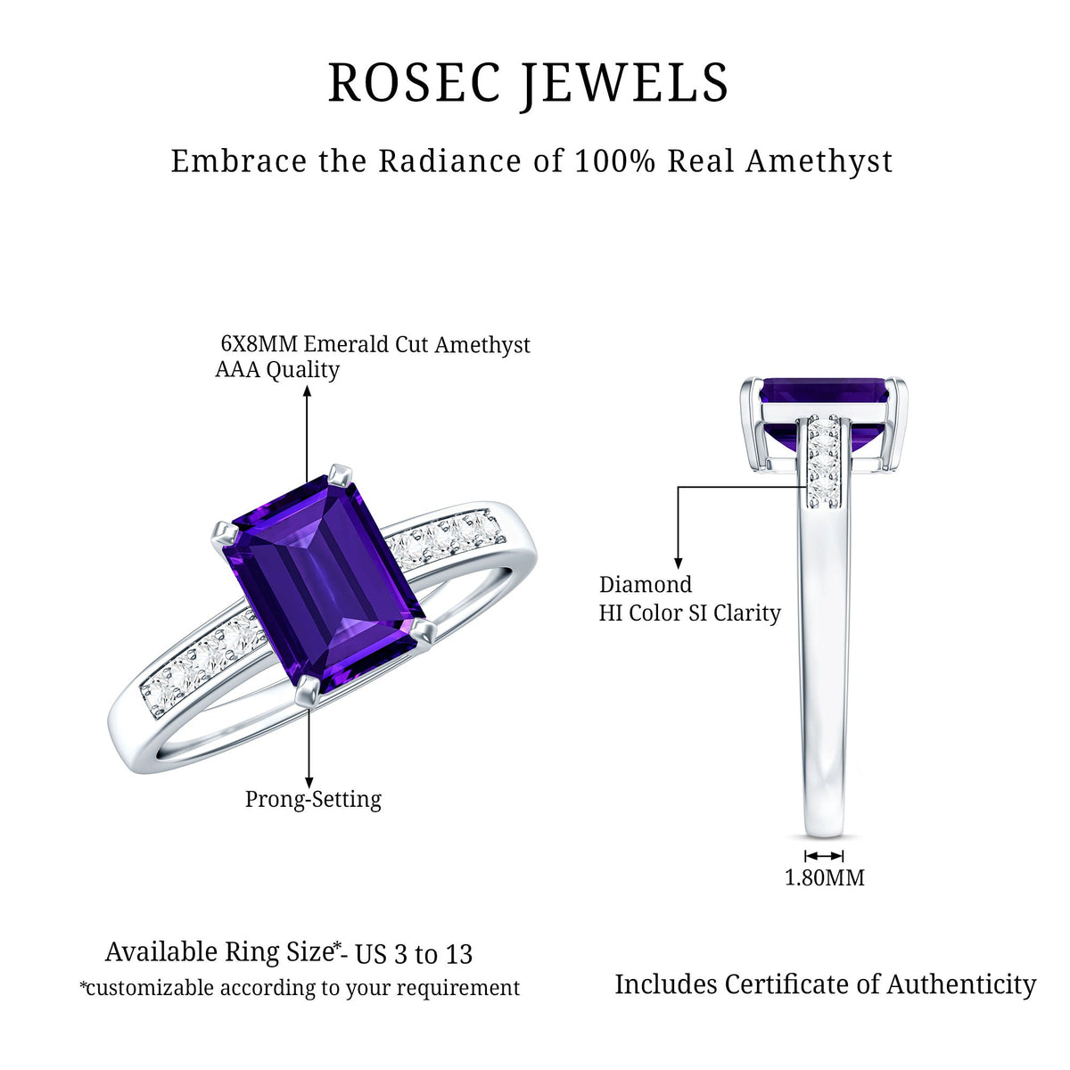 Natural 1.4 Carat Amethyst Emerald Cut Engagement Ring with Diamond