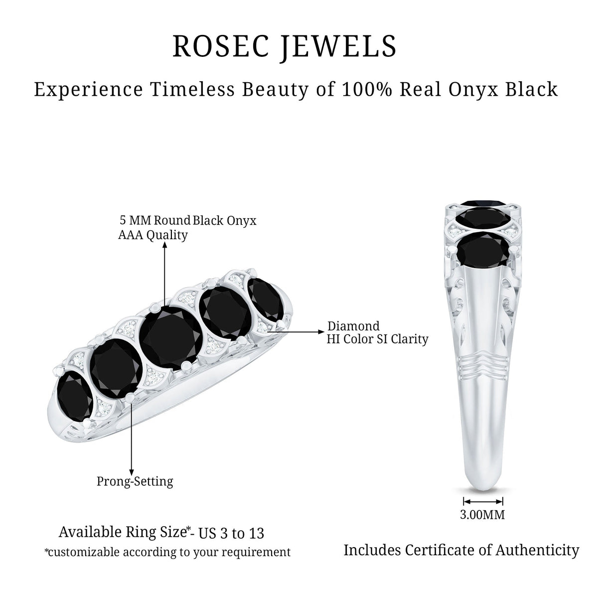 Vintage Inspired Black Onyx 5 Stone Anniversary Ring with Certificate