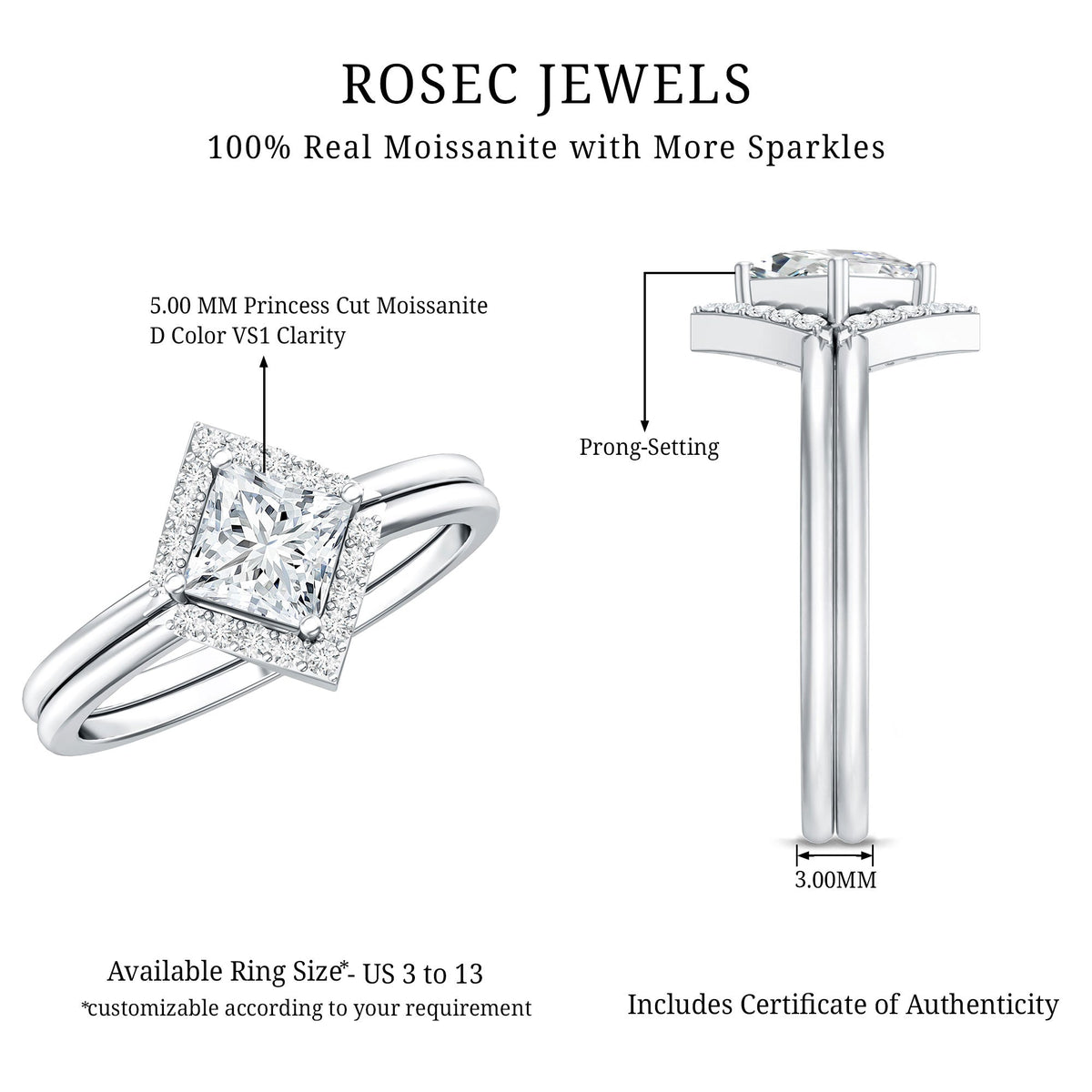 Certified Moissanite Princess Cut Wedding Ring Set for Women