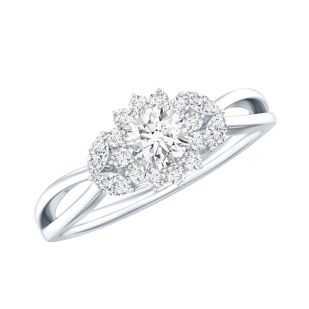 Certified Moissanite Flower Engagement Ring with Split Shank