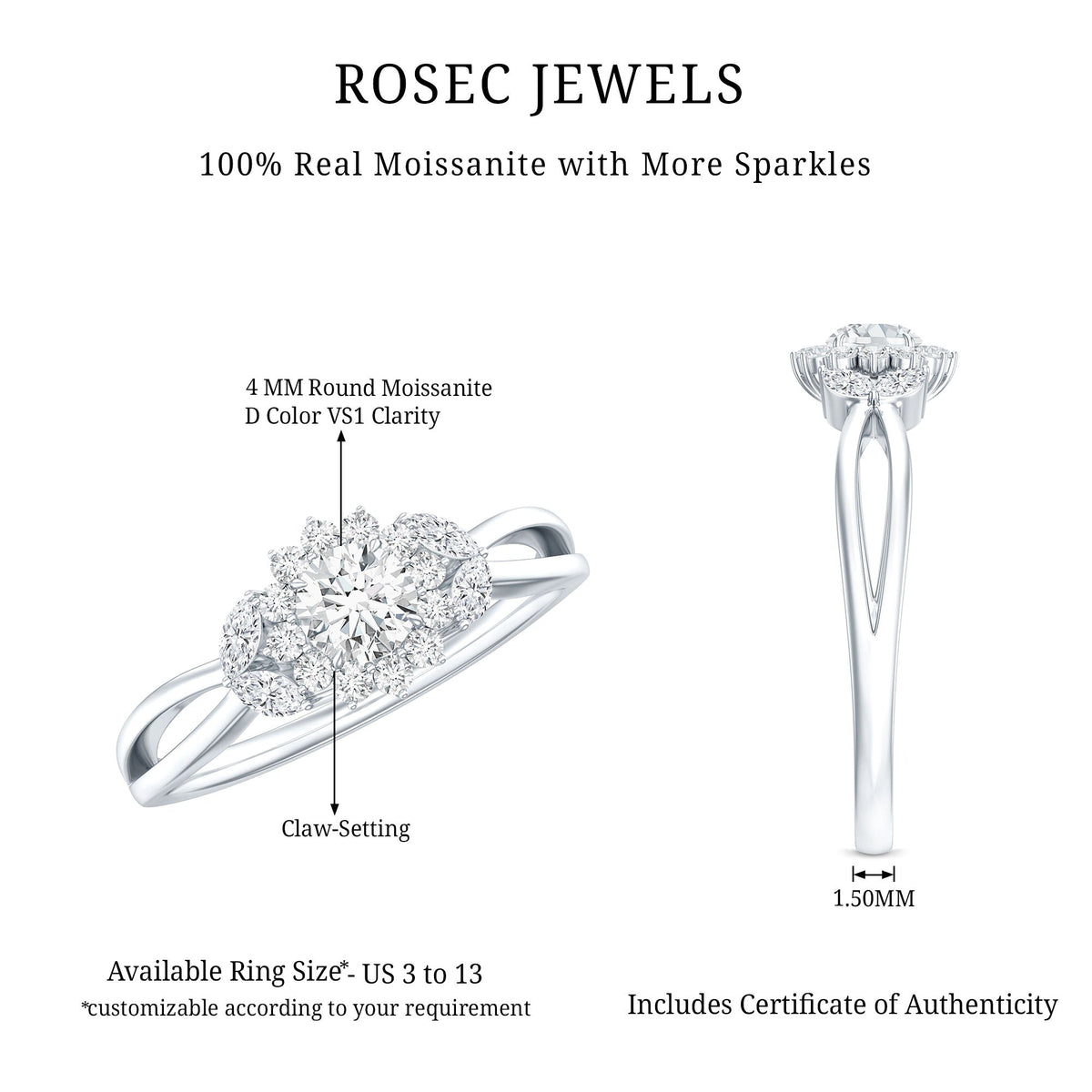 Certified Moissanite Flower Engagement Ring with Split Shank