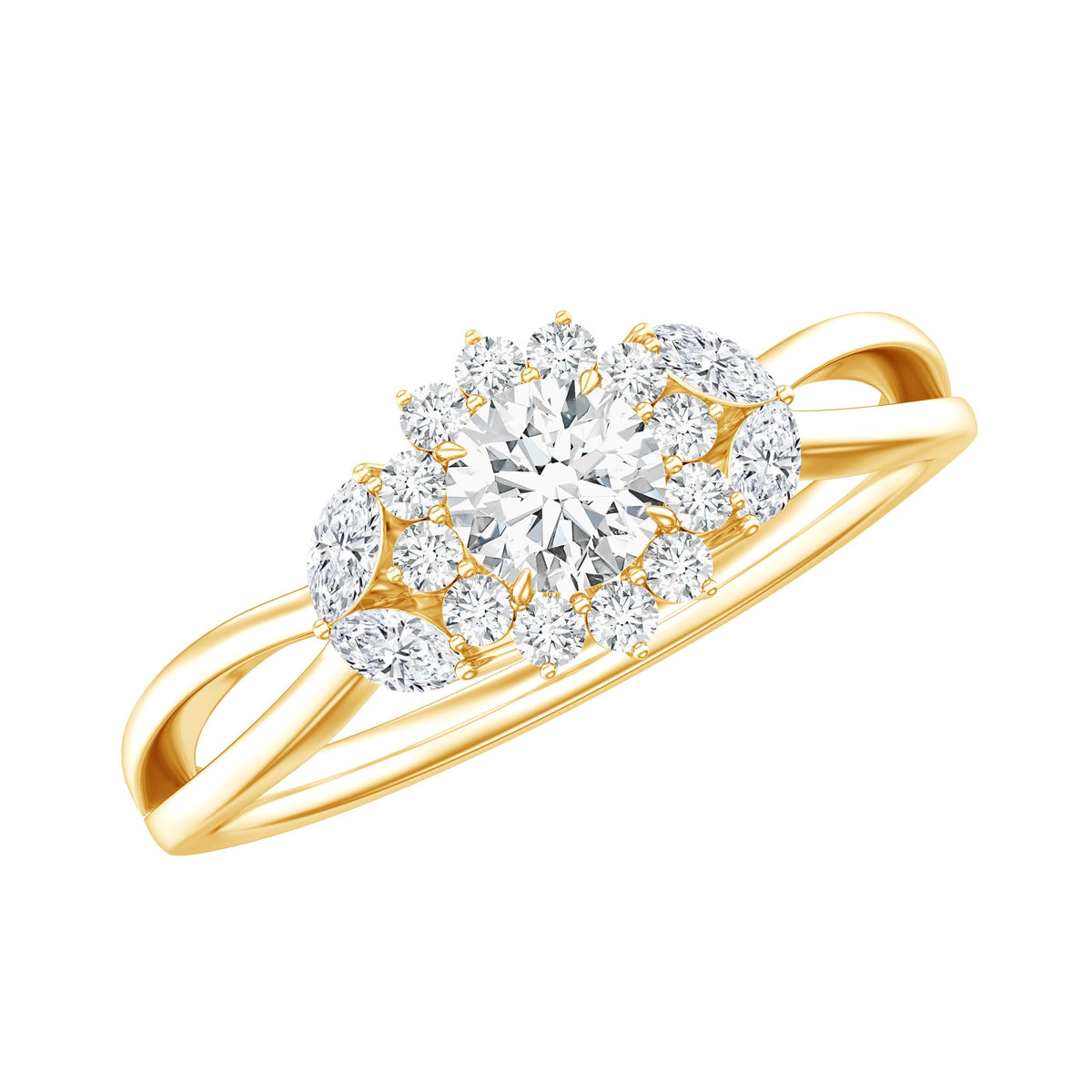 Certified Moissanite Flower Engagement Ring with Split Shank