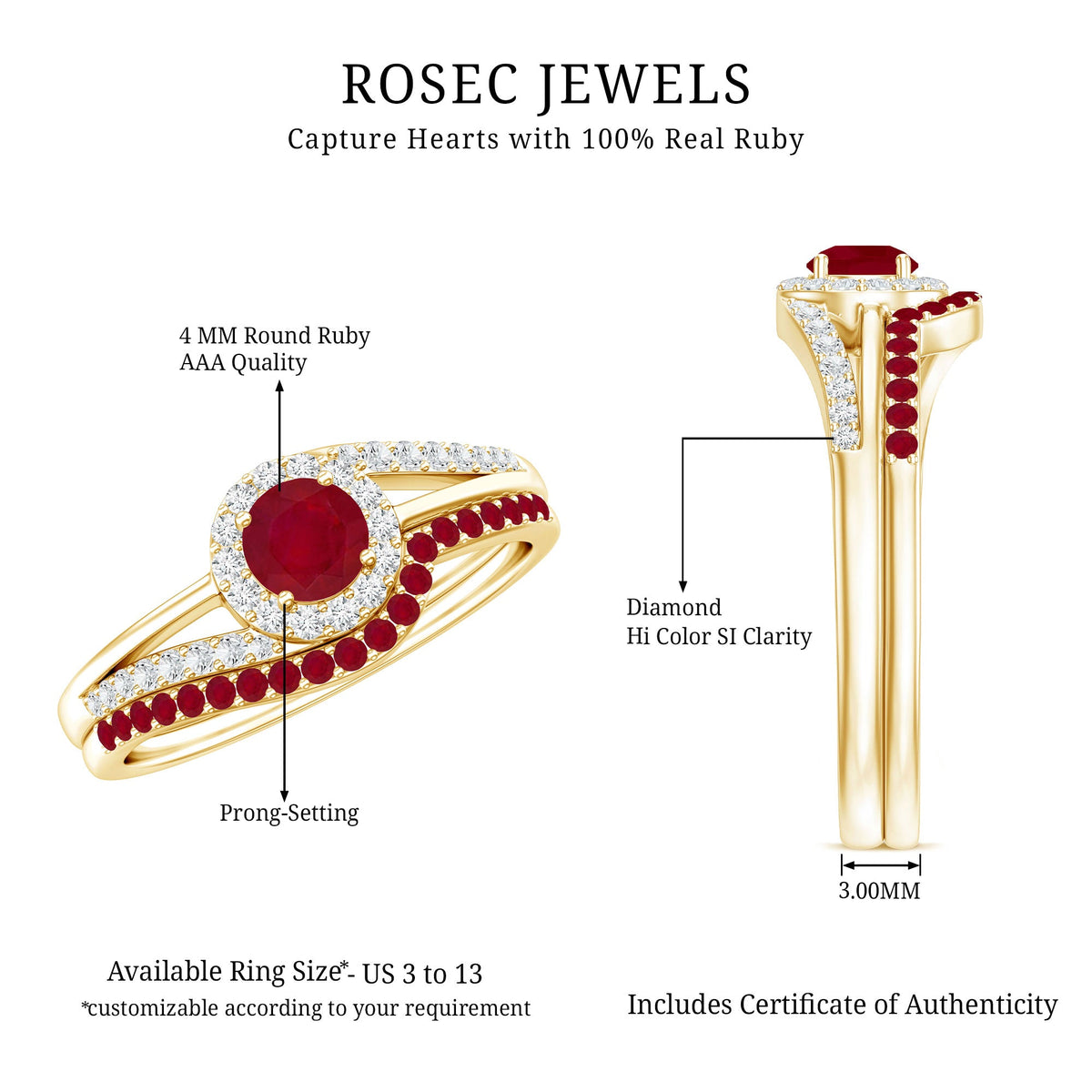 Natural Ruby Diamond Wedding Engagement Ring Set for Women