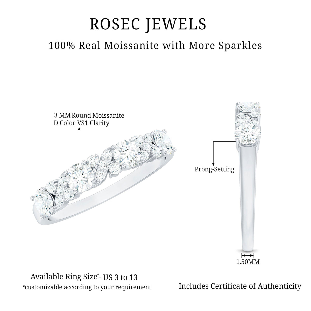 Certified Moissanite Half Eternity Stackable Band Ring