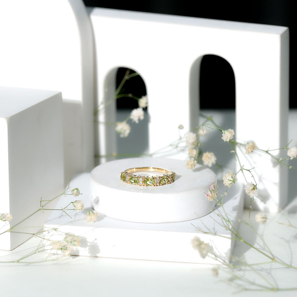 Natural Oval Peridot Diamond Half Eternity Ring in East West Style