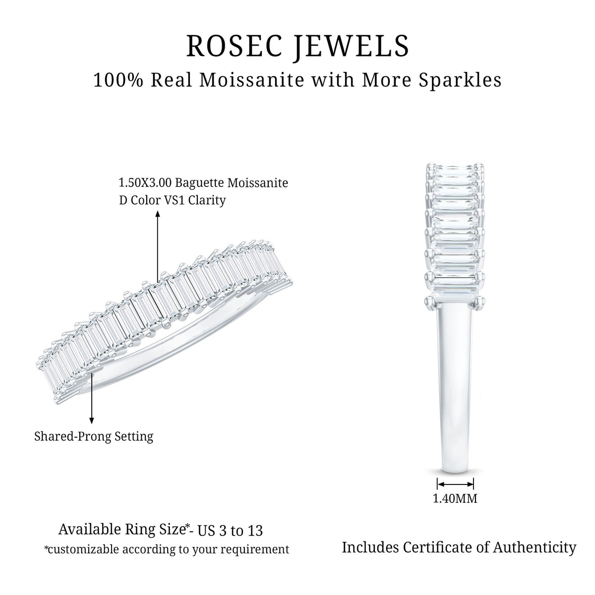 Certified Baguette Cut Moissanite Half Eternity Band Ring