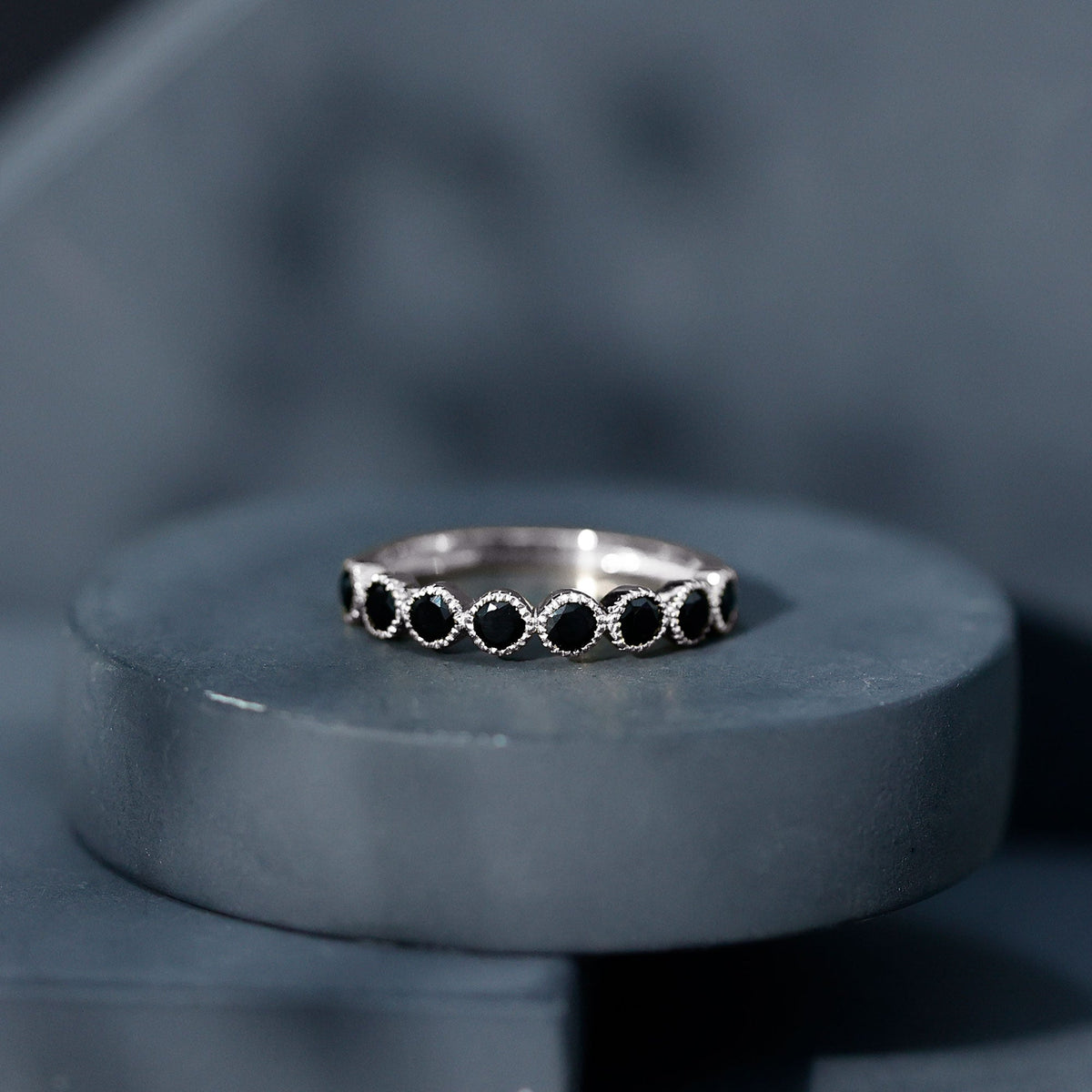 Beaded Bezel Set Black Onyx Half Eternity Wedding Band