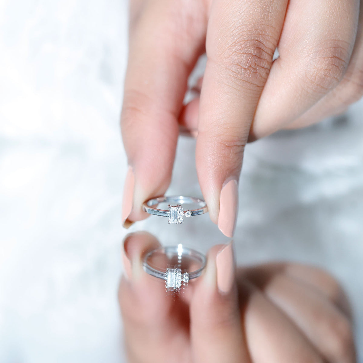 Dainty Promise Ring with Baguette and Round Moissanite