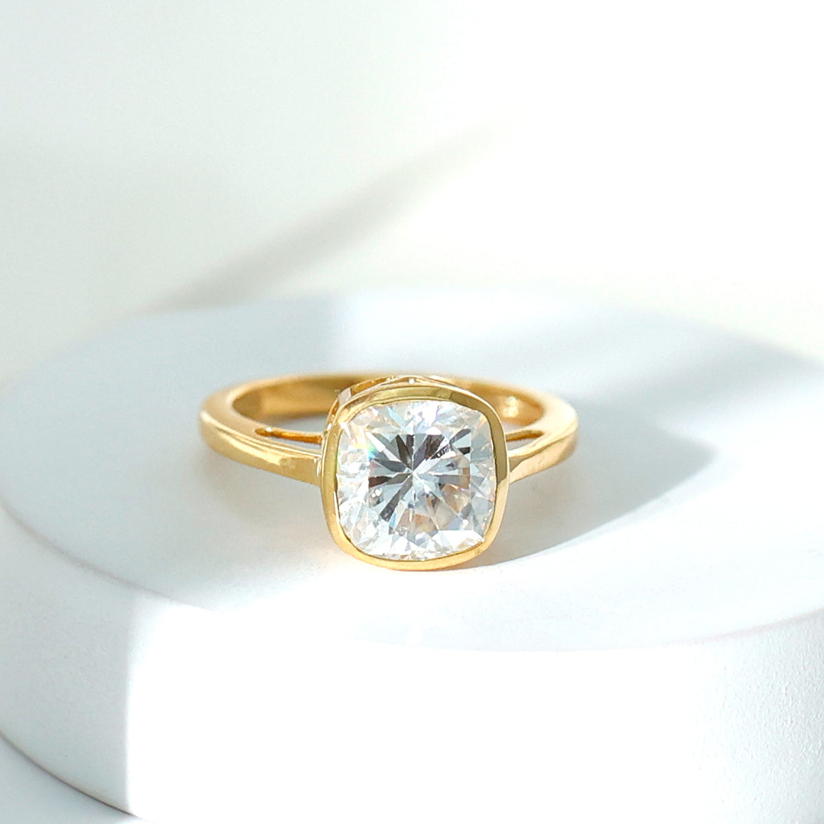 Bezel Set Cushion Cut Moissanite Solitaire Engagement Ring