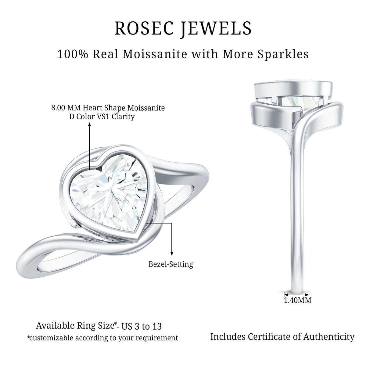 Heart Shape Moissanite Bypass Engagement Ring for Women
