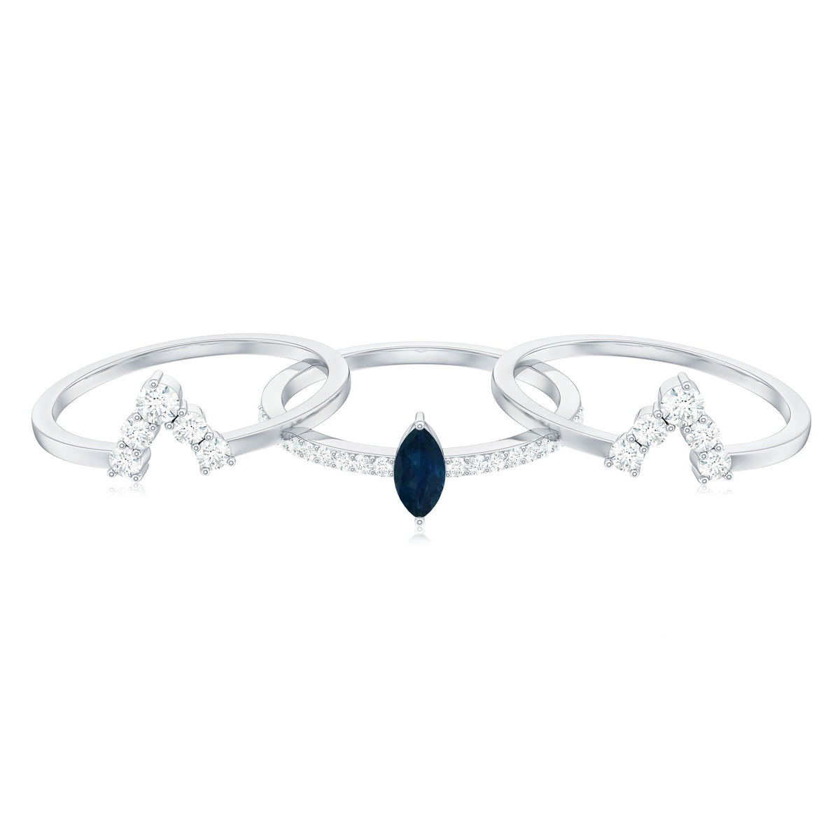 Natural Marquise Cut Blue Sapphire and Diamond Three Piece Stackable Ring Set