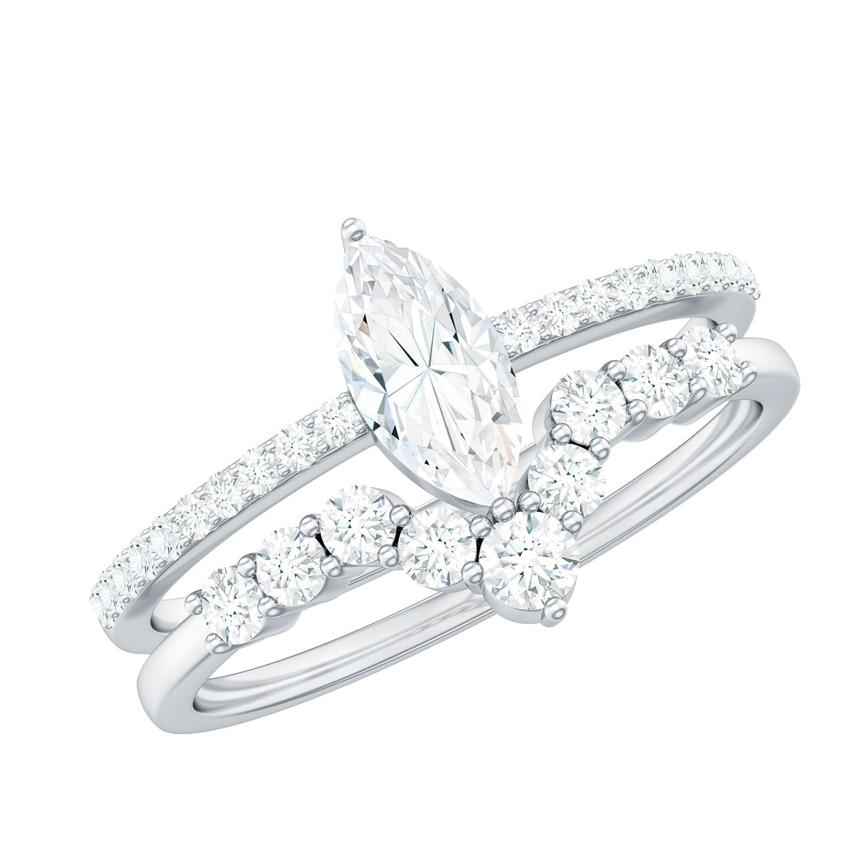 Marquise Cut Moissanite Engagement Ring with V-Shaped Wedding Band