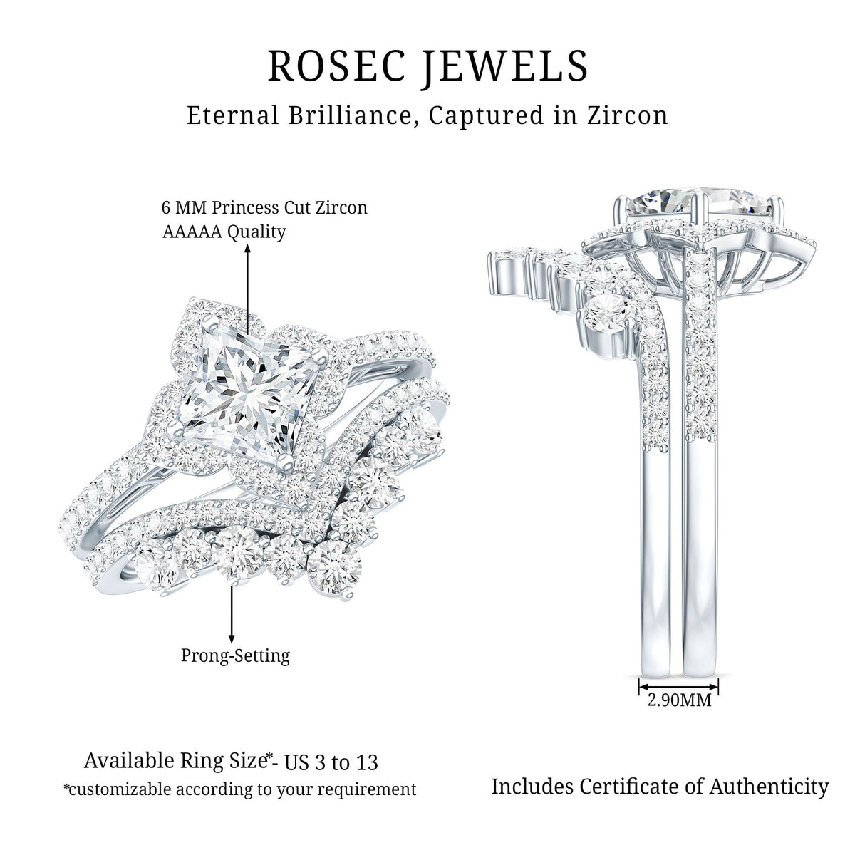 Certified Princess Cut Cubic Zirconia Flower Engagement Ring with Wedding Band