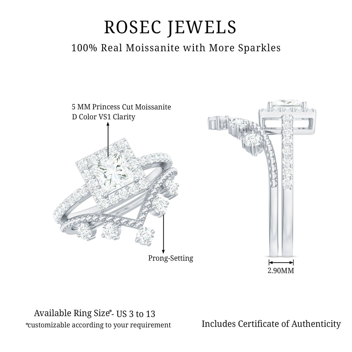 Princess Cut Moissanite Halo Wedding Ring Set with Certificate