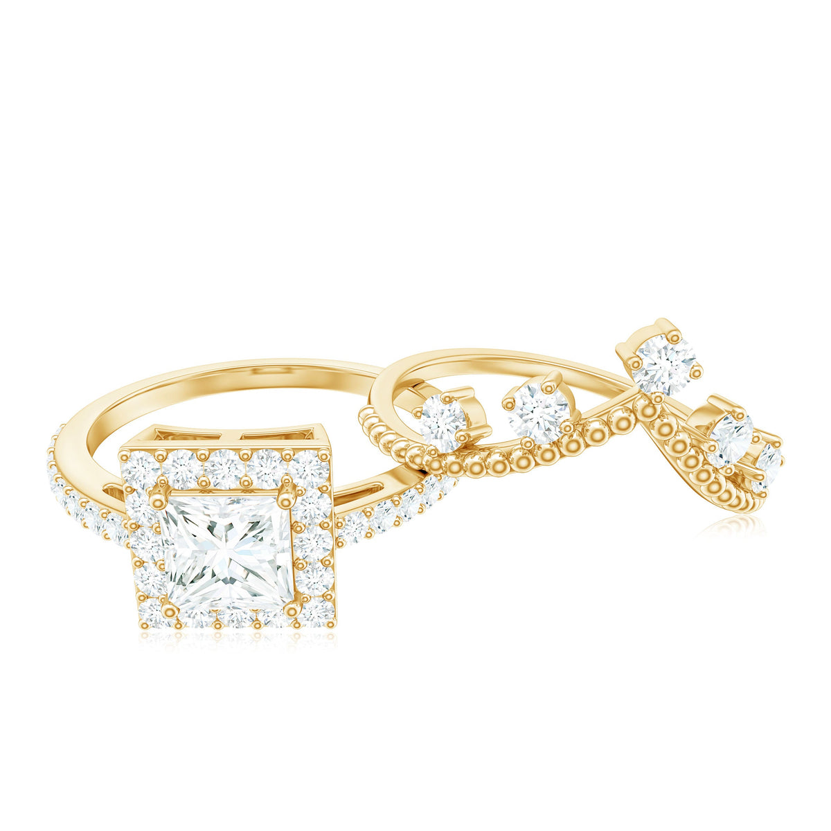 Princess Cut Moissanite Halo Wedding Ring Set with Certificate