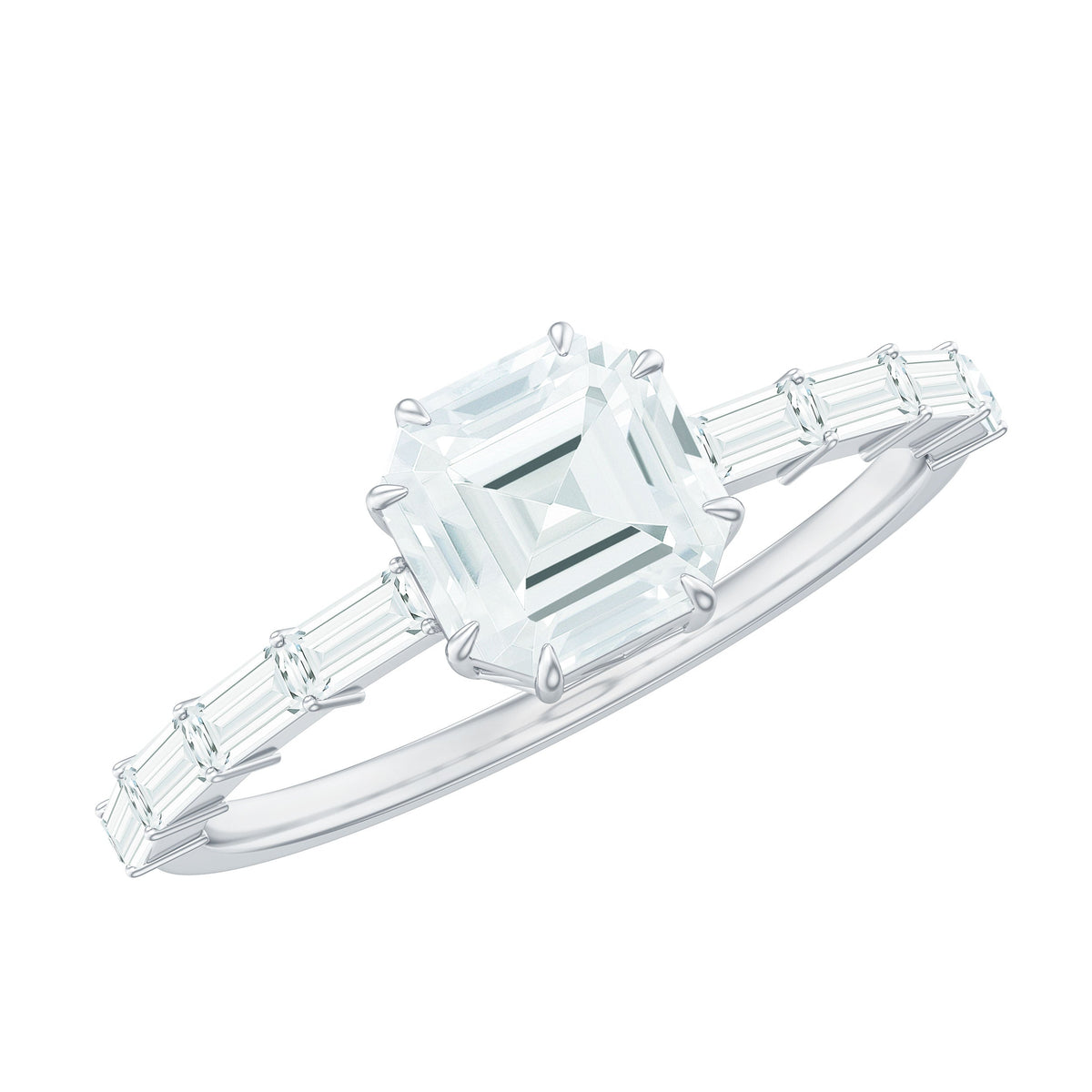 Asscher Cut Moissanite Engagement Ring with Baguette Side Stones