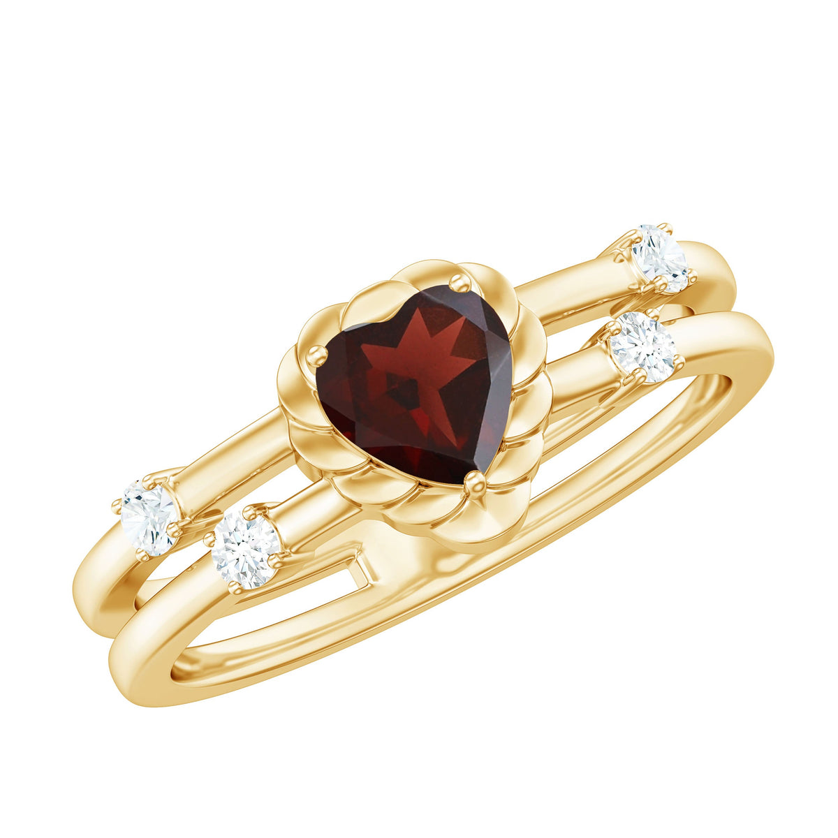 Natural Heart Shaped Garnet Diamond Double Band Engagement Ring