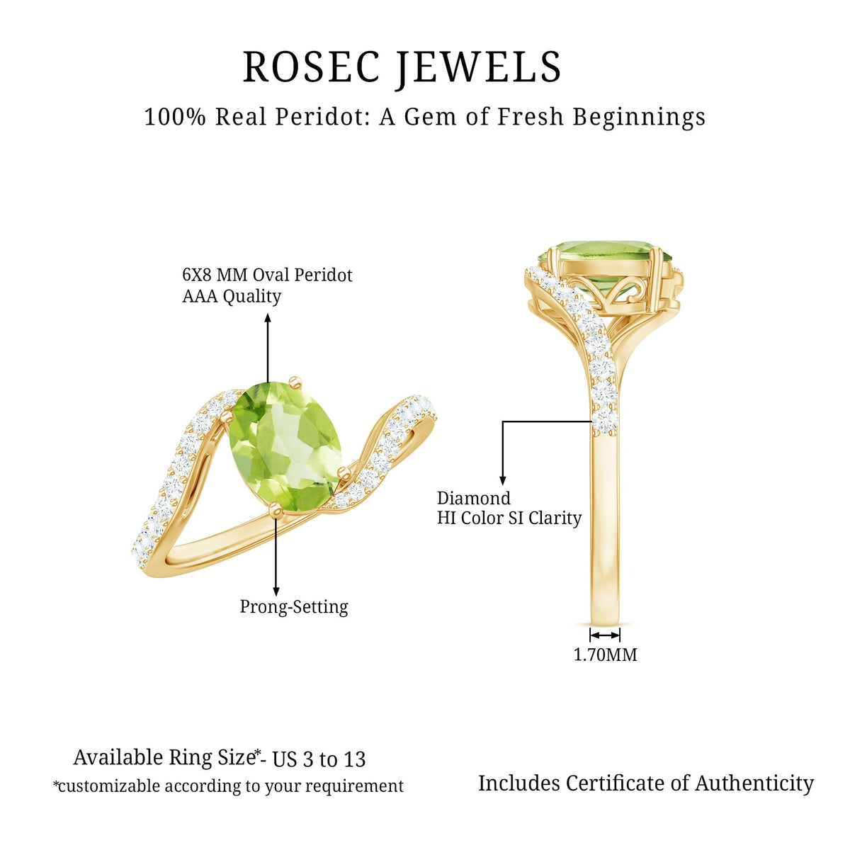 Natural 1 Carat Oval Peridot Engagement Ring with Diamond Bypass Shank