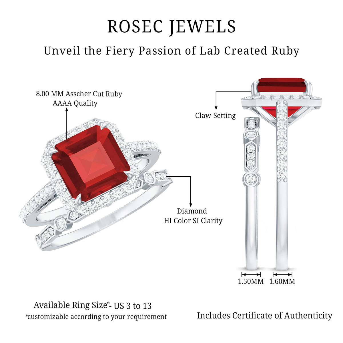 Lab Grown Ruby and Diamond Asscher Cut Engagement Ring With Enhancer