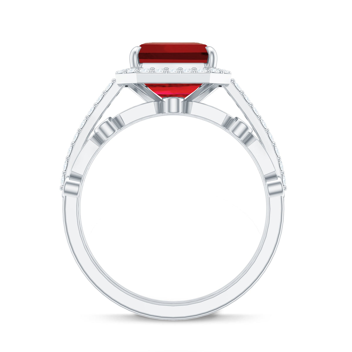 Lab Grown Ruby and Diamond Asscher Cut Engagement Ring With Enhancer