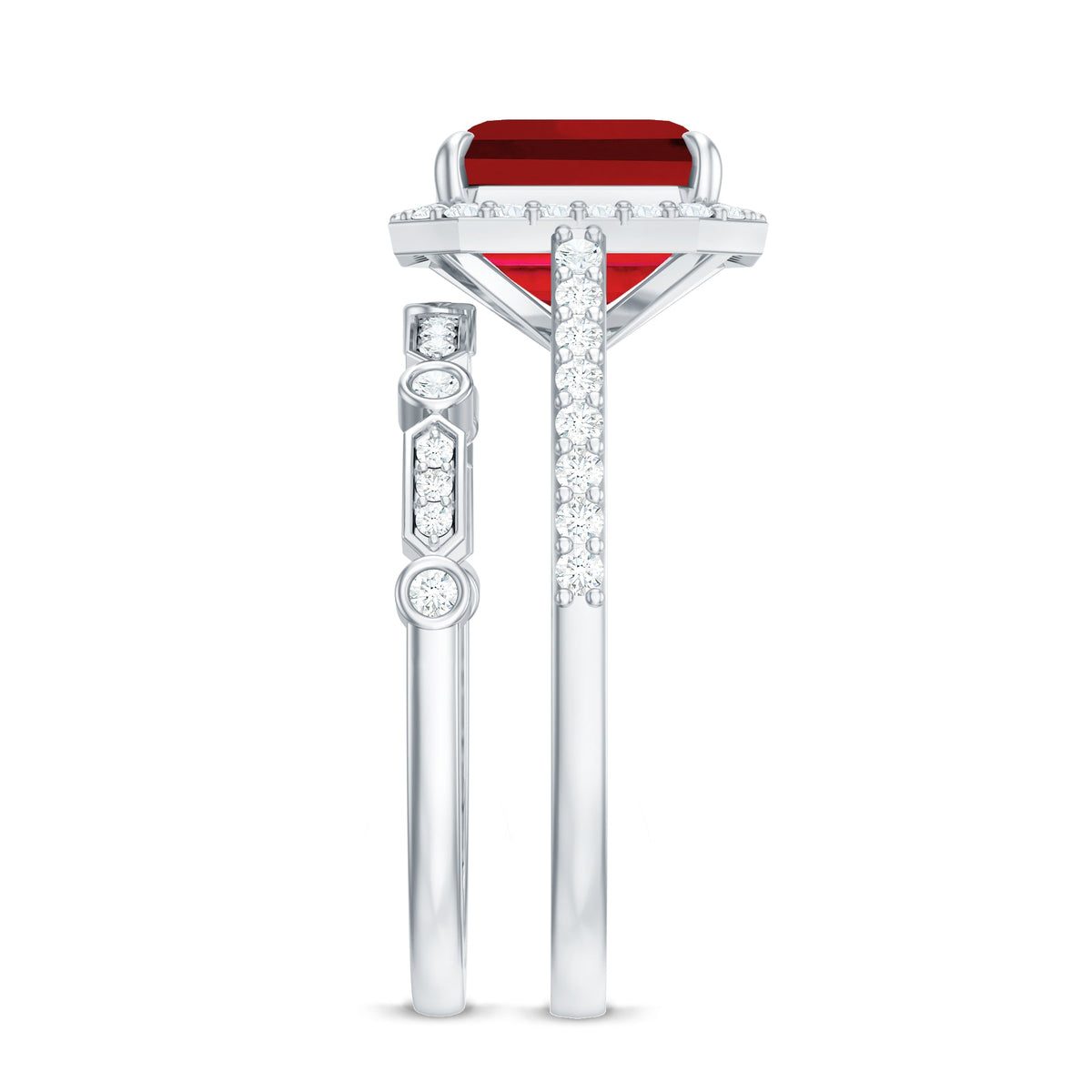 Lab Grown Ruby and Diamond Asscher Cut Engagement Ring With Enhancer