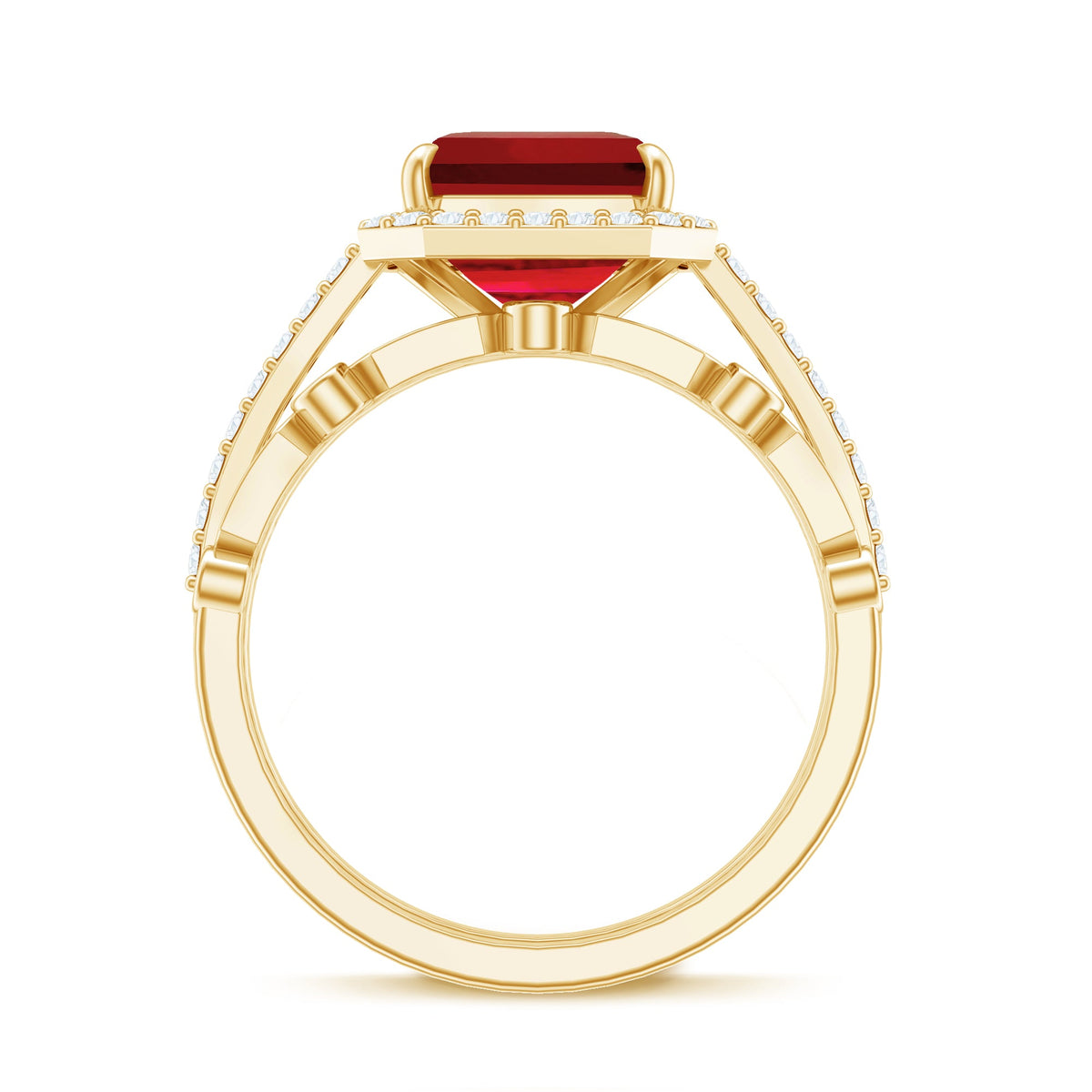 Lab Grown Ruby and Diamond Asscher Cut Engagement Ring With Enhancer