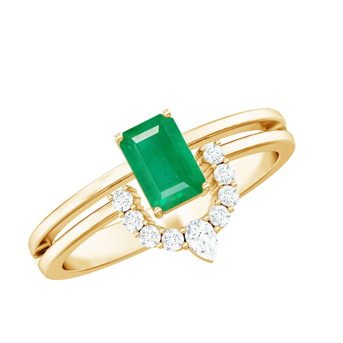 Natural Emerald Cut Emerald Double Band Engagement Ring with Diamond