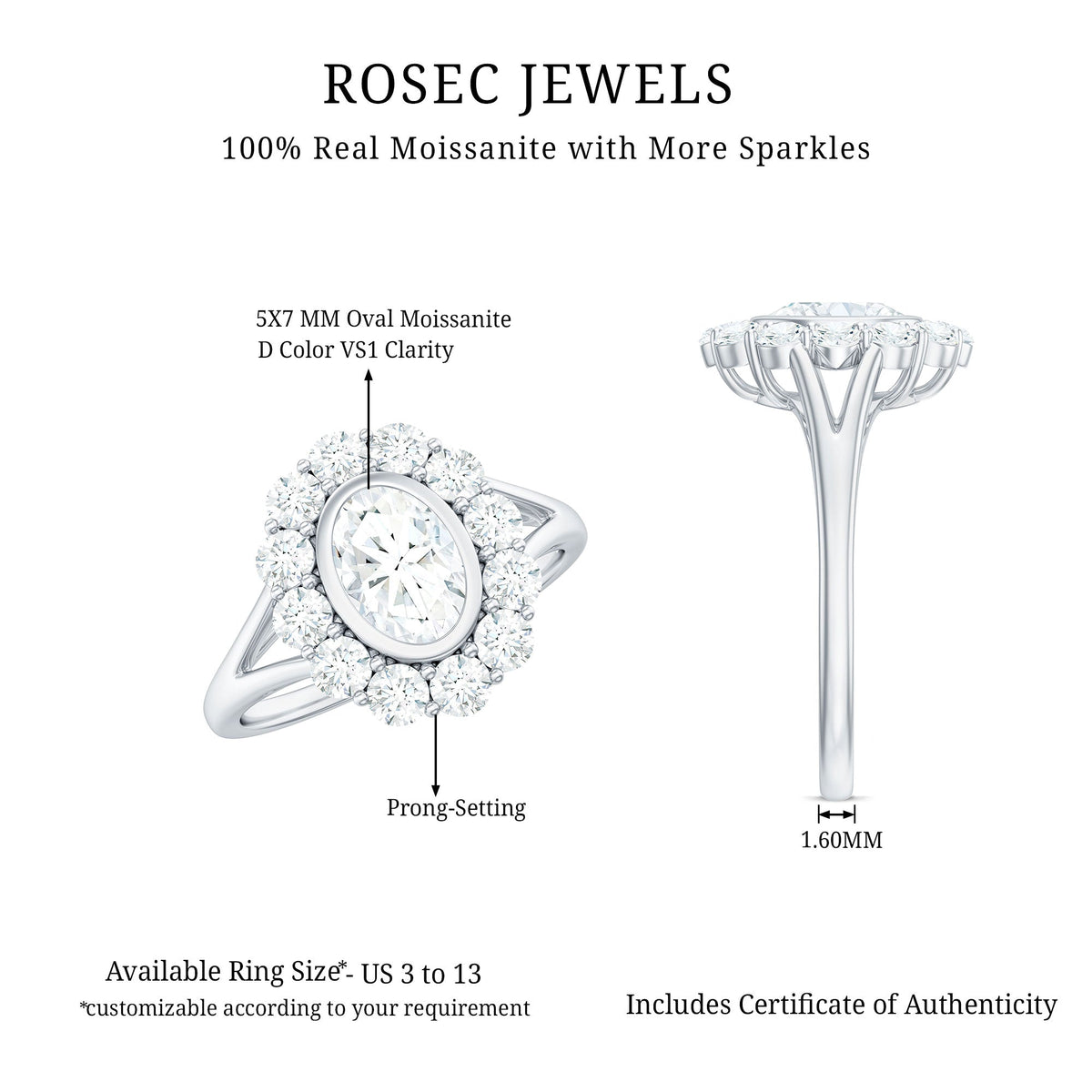 Oval Cut Moissanite Halo Engagement Ring with Split Shank