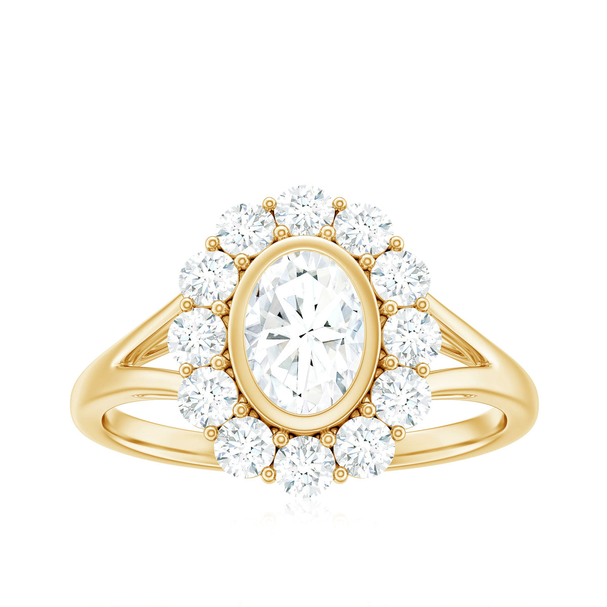 Oval Cut Moissanite Halo Engagement Ring with Split Shank