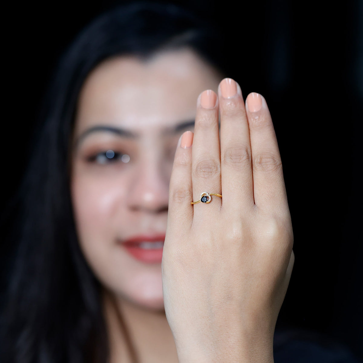 Natural Black Spinel Heart Promise Ring with Diamond