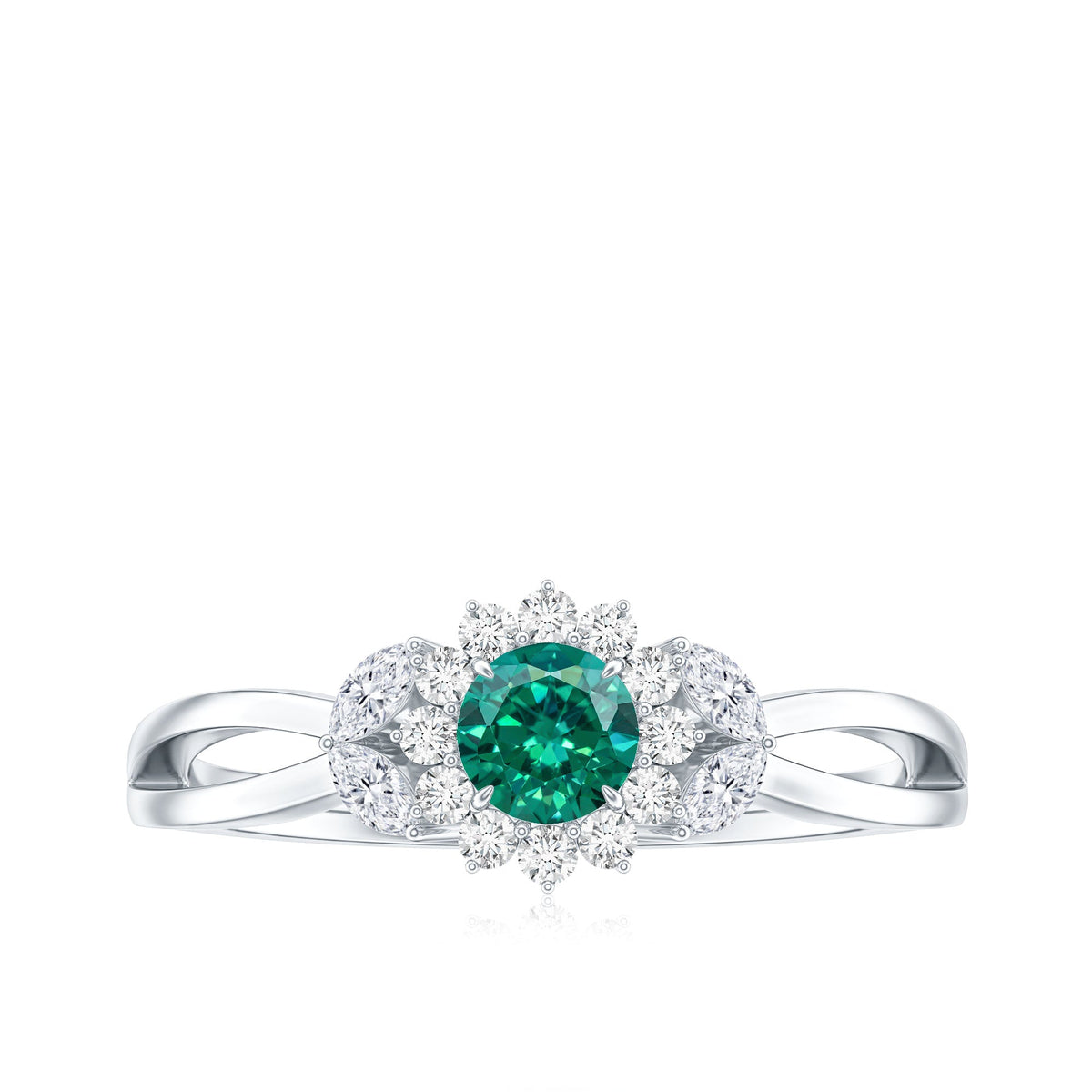 Certified Lab Grown Emerald Diamond Flower Engagement Ring with Split Shank