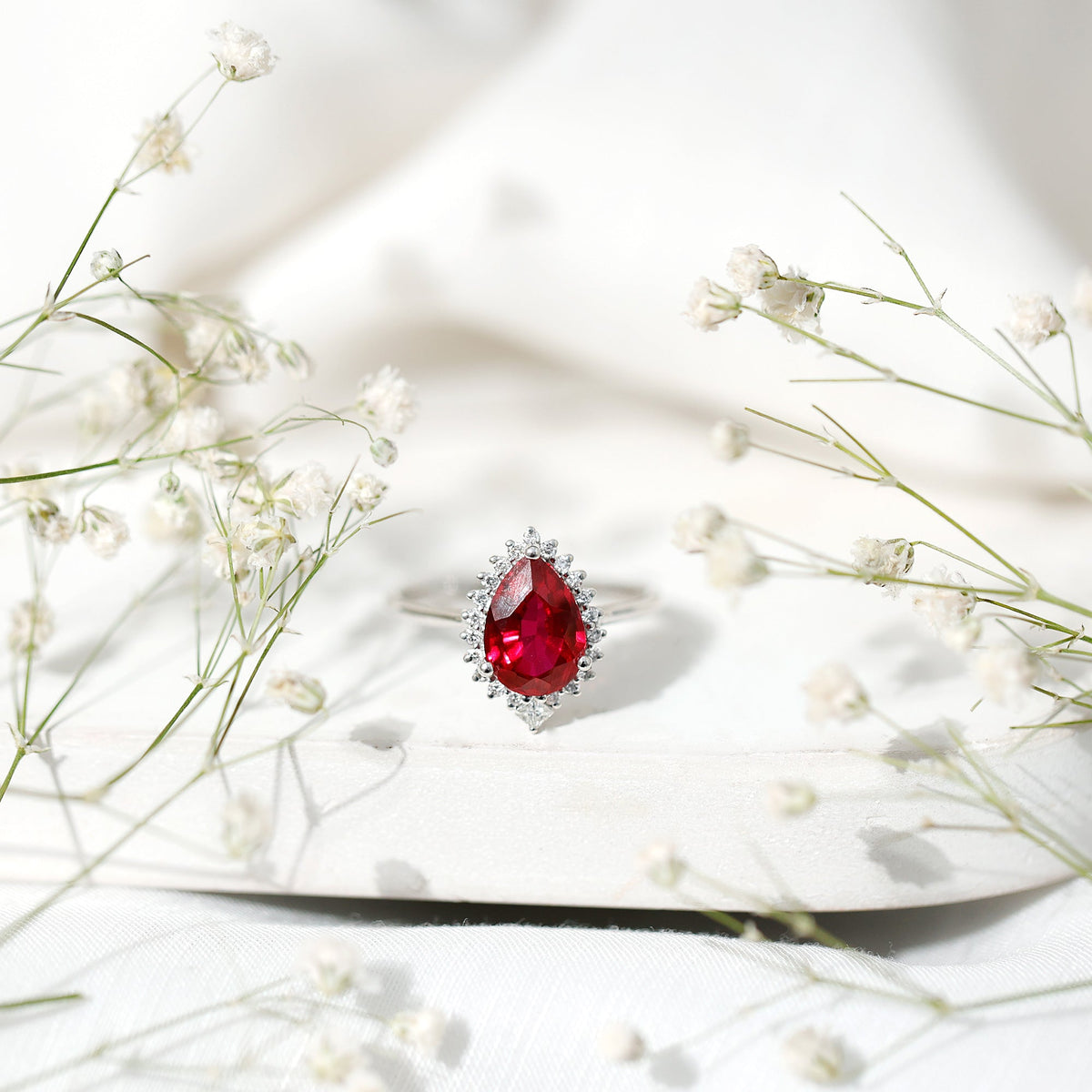 Lab Ruby Teardrop Engagement Ring with Diamond Halo