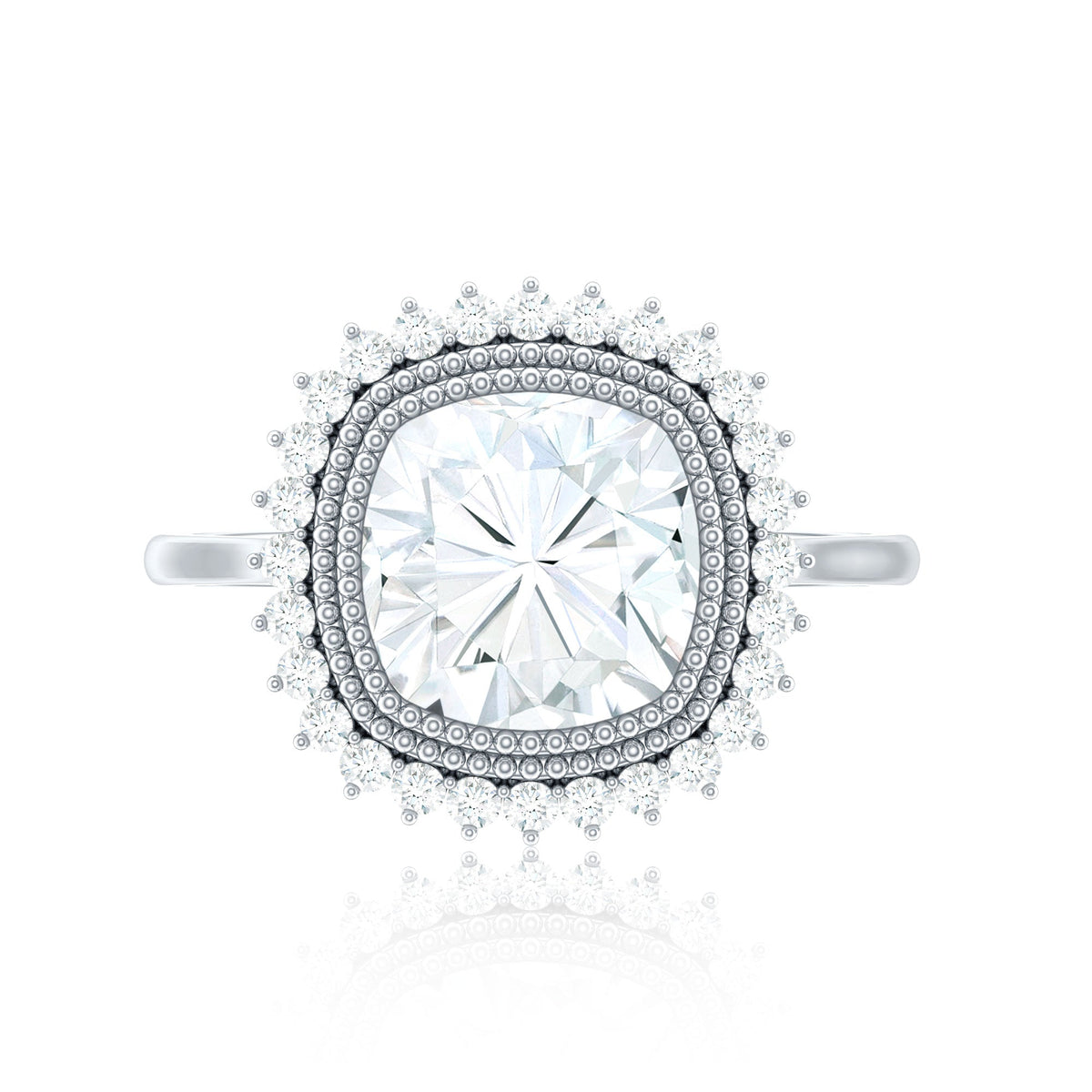 Certified Moissanite Cushion Cut Engagement Ring with Beaded Detail